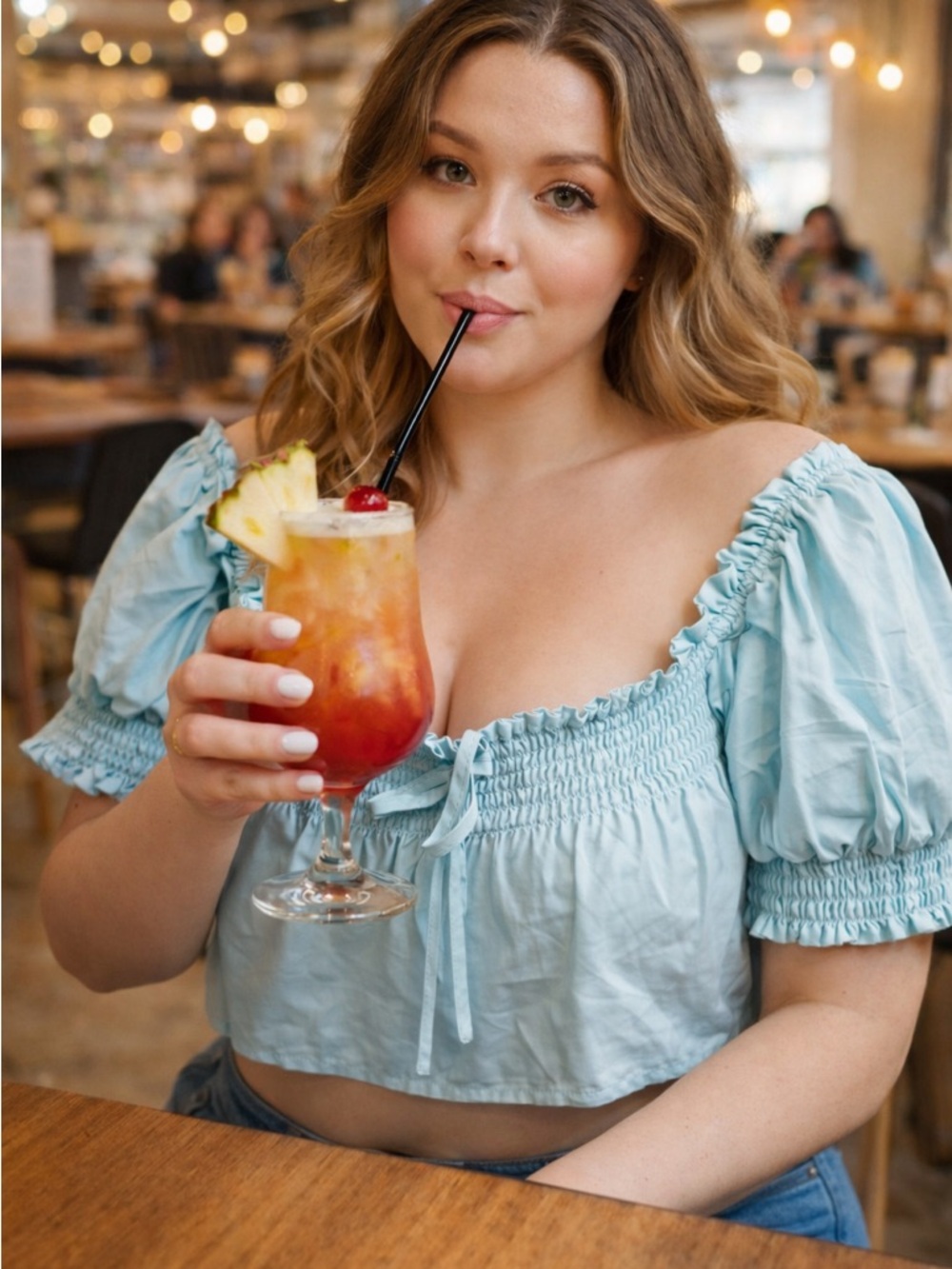 Light Blue Smocked Women's Top